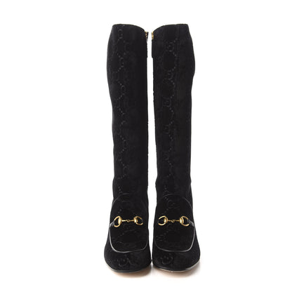 Gucci Velvet GG Monogram Crystal Horsebit Knee High Boots 40 Black 2 of 9