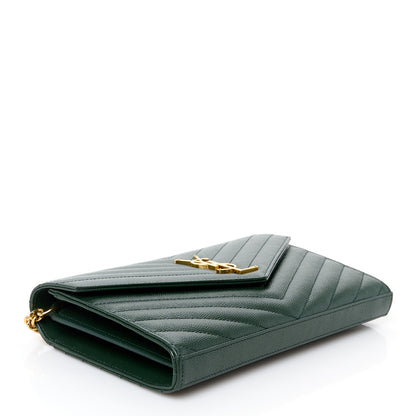 Saint Laurent Grain De Poudre Matelasse Chevron Monogram Chain Wallet Dark Green 4 of 10