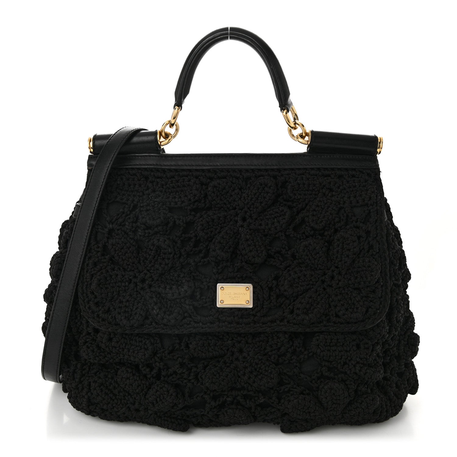 Dolce & Gabbana Calfskin Floral Knit Large Miss Sicily Satchel Black 1 of 9