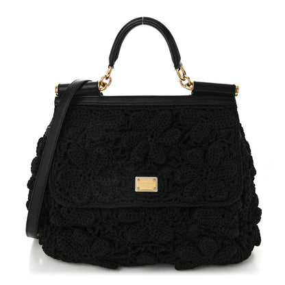 Dolce & Gabbana Calfskin Floral Knit Large Miss Sicily Satchel Black 1 of 9