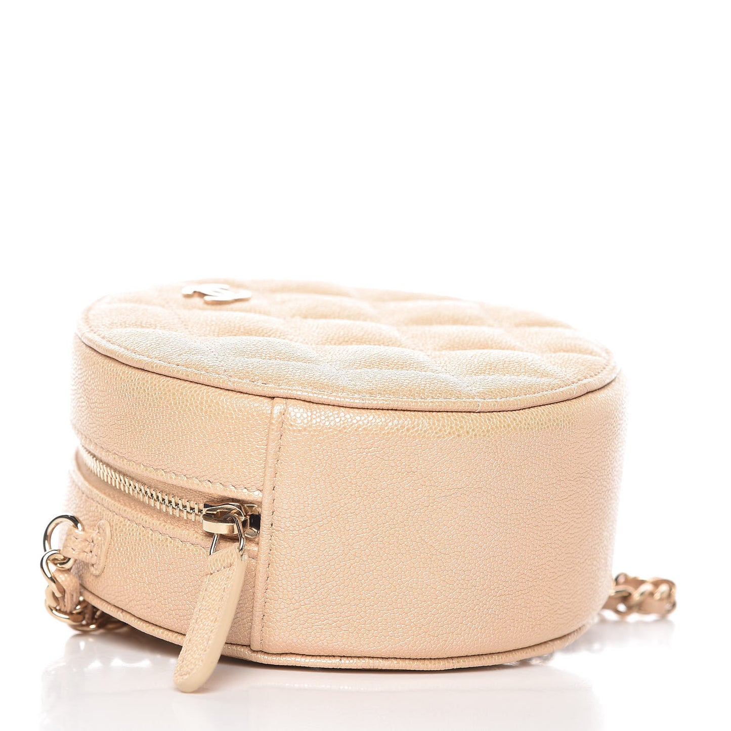 Iridescent Caviar Quilted Round Clutch With Chain Beige