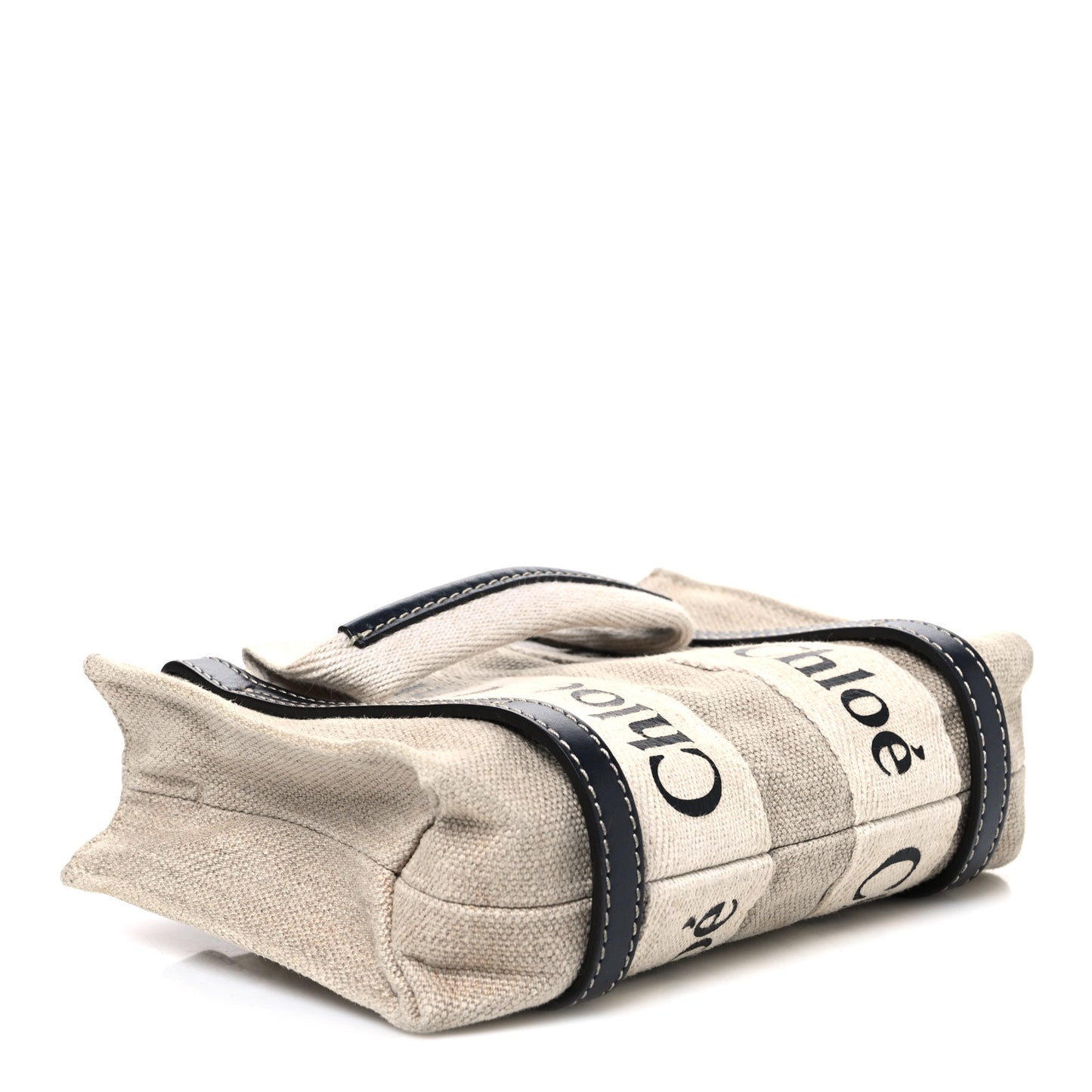 Linen Calfskin Mini Woody Ribbon Tote White Navy