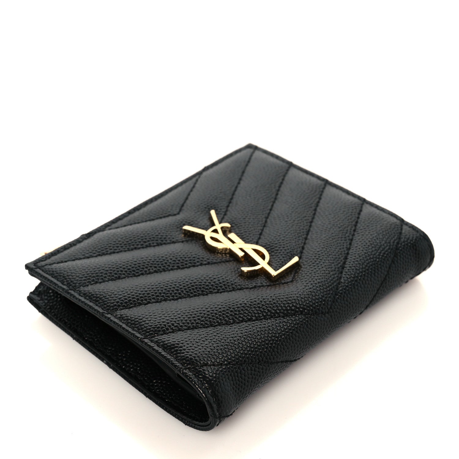 Saint Laurent Grain De Poudre Matelasse Chevron Monogram Zipped Card Case Black 4 of 10