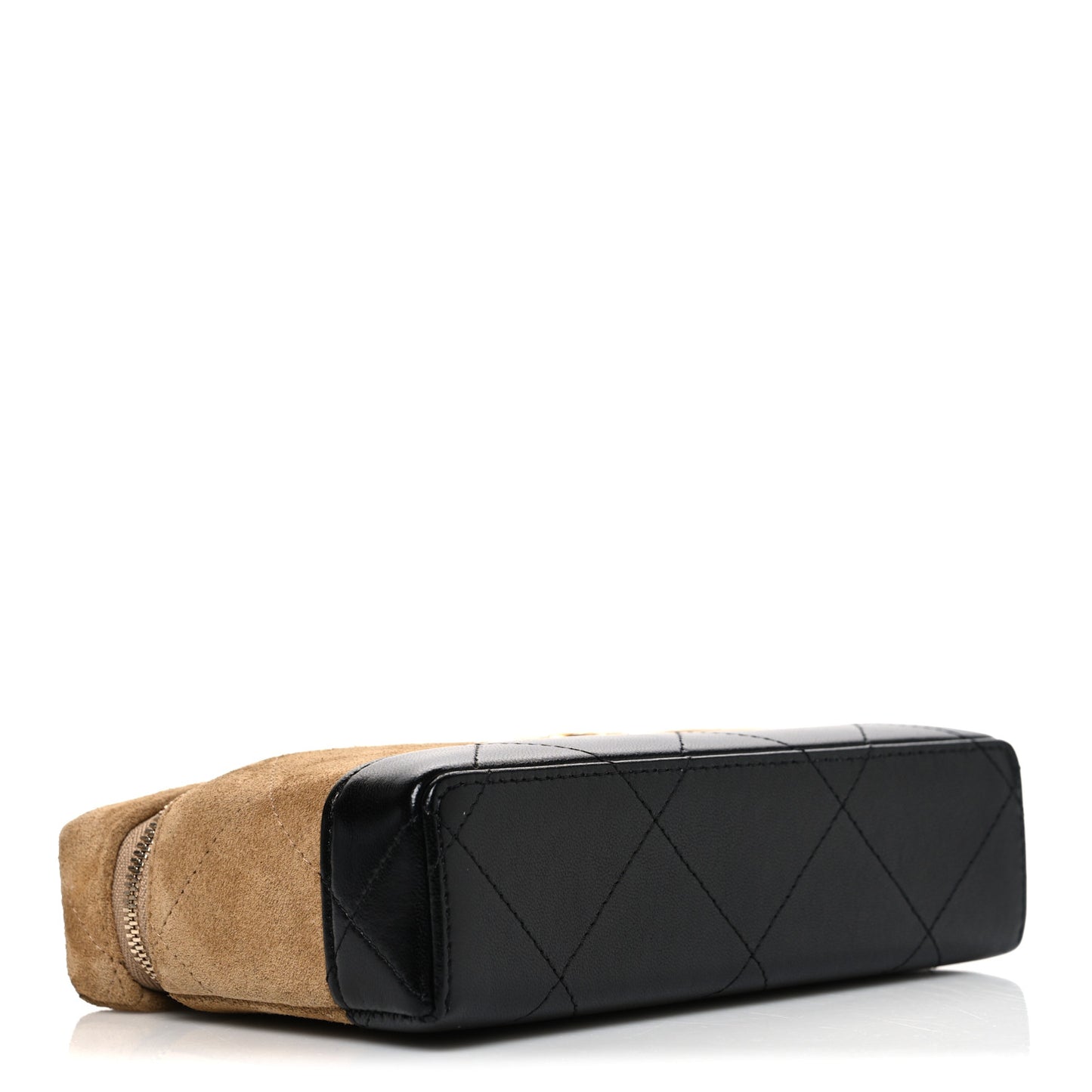 Suede Calfskin Shiny Lambskin Quilted Top Handle Slim Vanity Case With Chain Beige Black