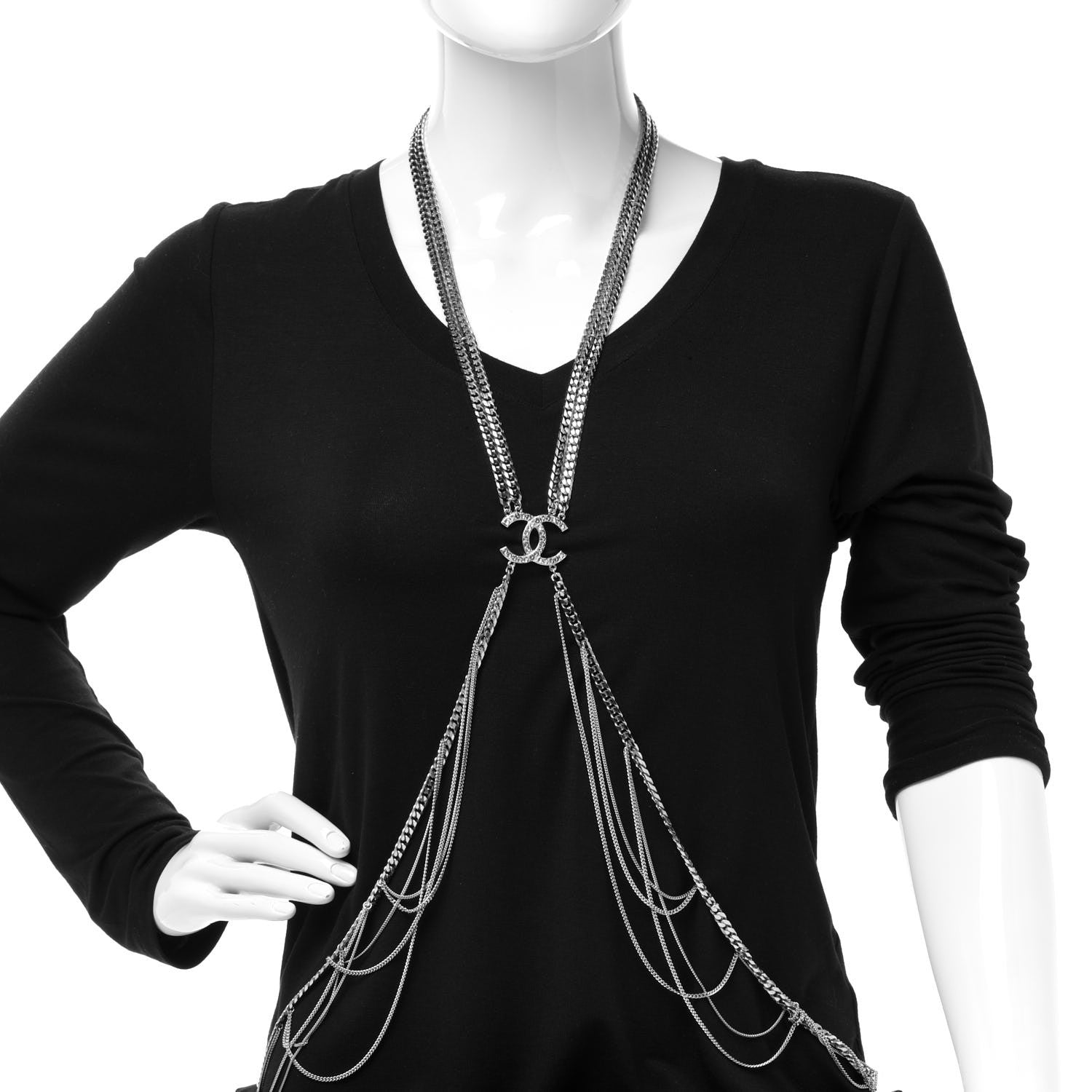 Chanel Chain Crystal CC Body Chain Necklace Silver 2 of 5