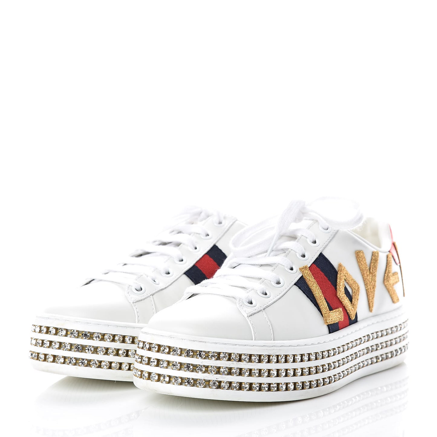 Calfskin Crystal Web LOVED Embroidered Womens Ace Platform Sneakers 37 White Red Flame Notte