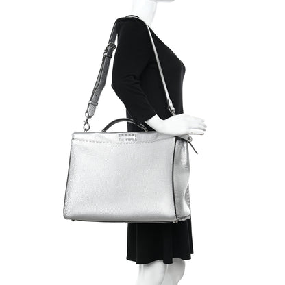 Fendi Metallic Cuoio Romano Selleria Metal Stitch Large Mens Peekaboo Iconic Essential Satchel Silver 2 of 14