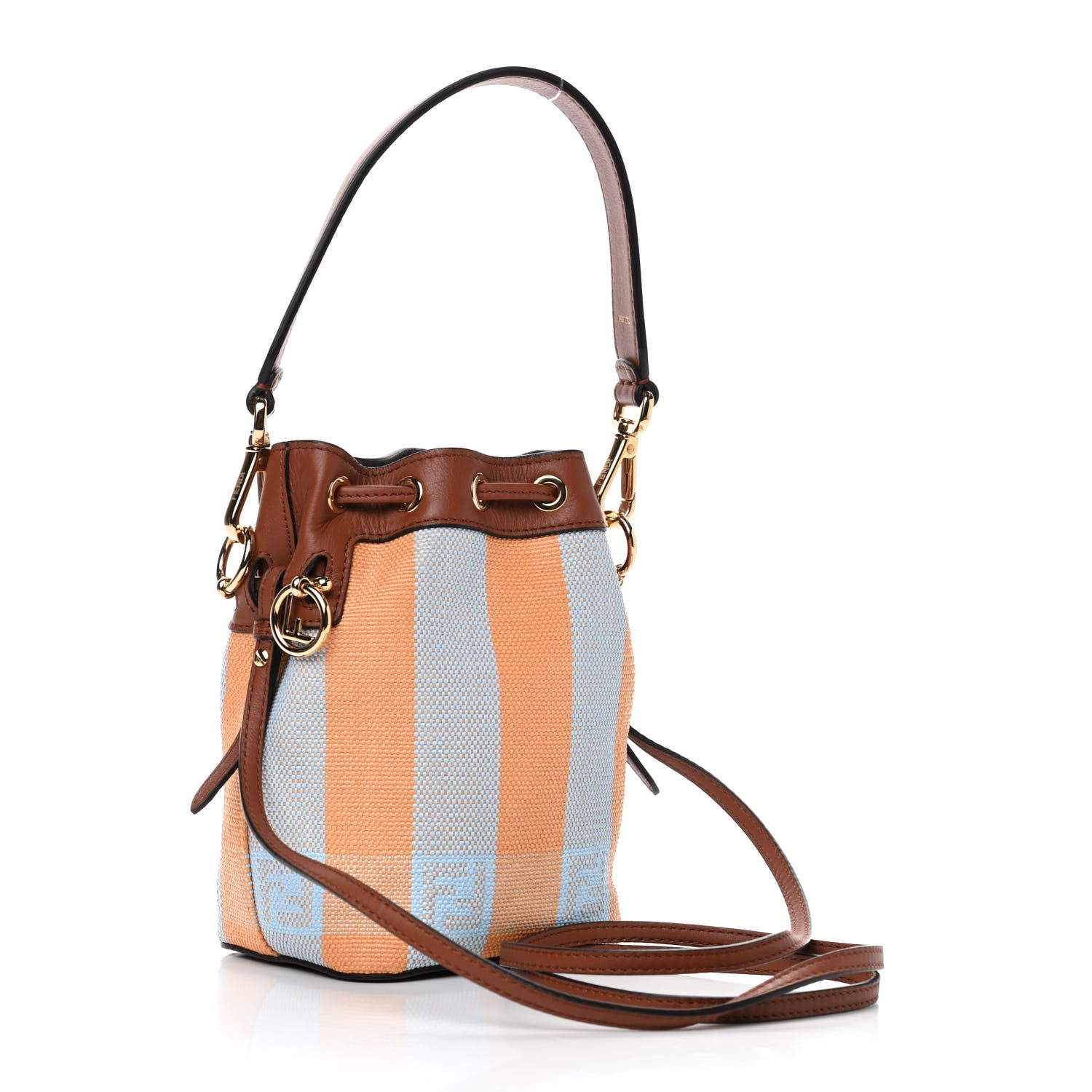 Fendi Raffia Vitello Seta F is Fendi Pequin Gingham Woven Mini Mon Tresor Bucket Bag Giallo Celeste Noce 2 of 4