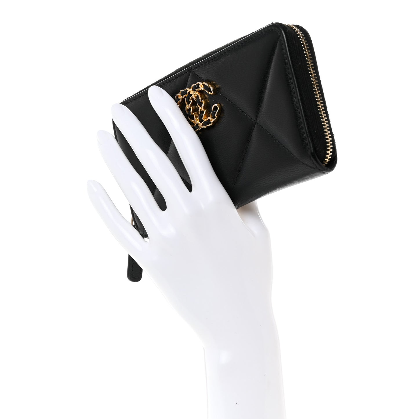 Shiny Goatskin Quilted Chanel 19 Long Zipped Around Wallet Black