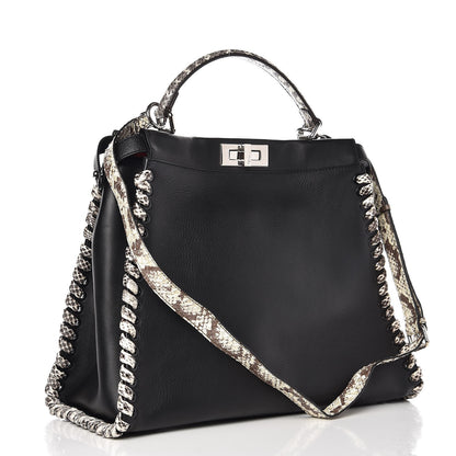 Fendi Calfskin Elaphe Lace Up Large Peekaboo Iconic Satchel Black 4 of 8