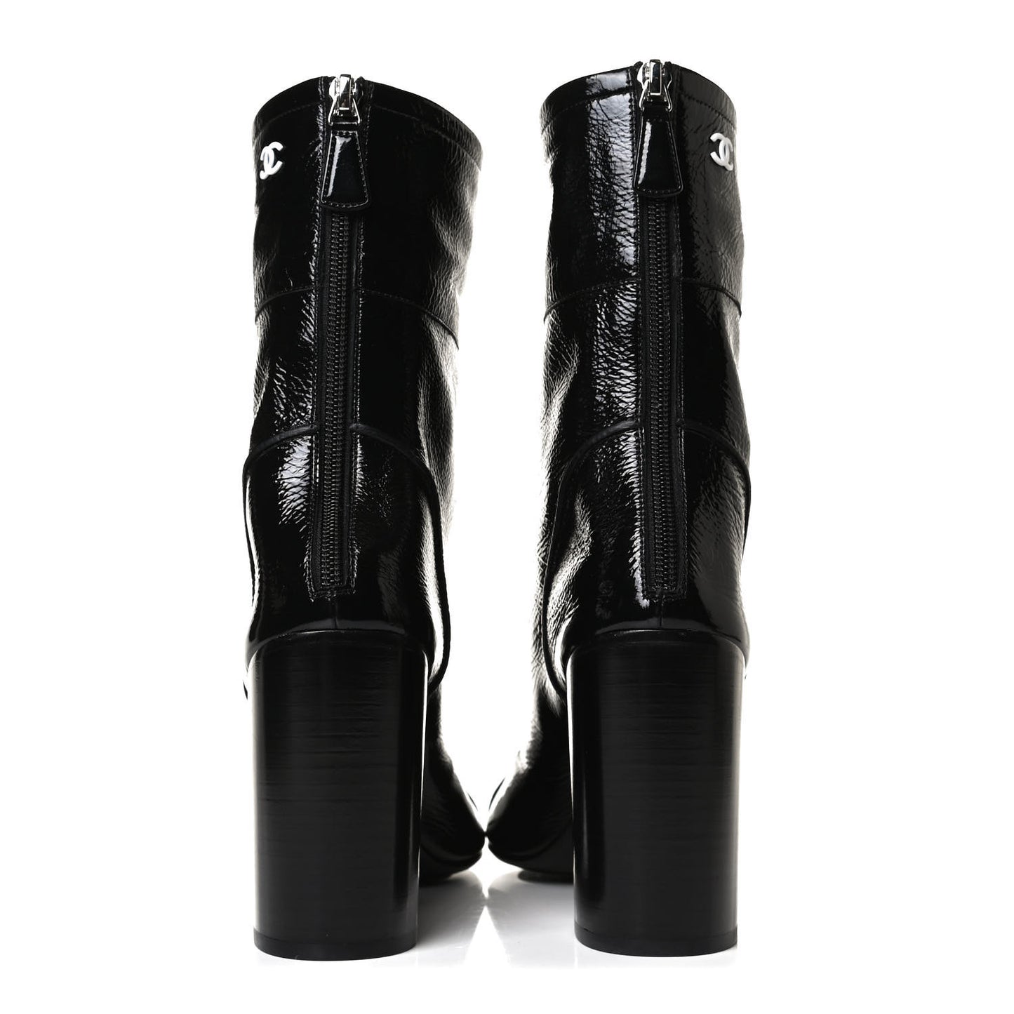 Shiny Crumpled Calfskin CC Cap Toe Short Boots 40.5 Black