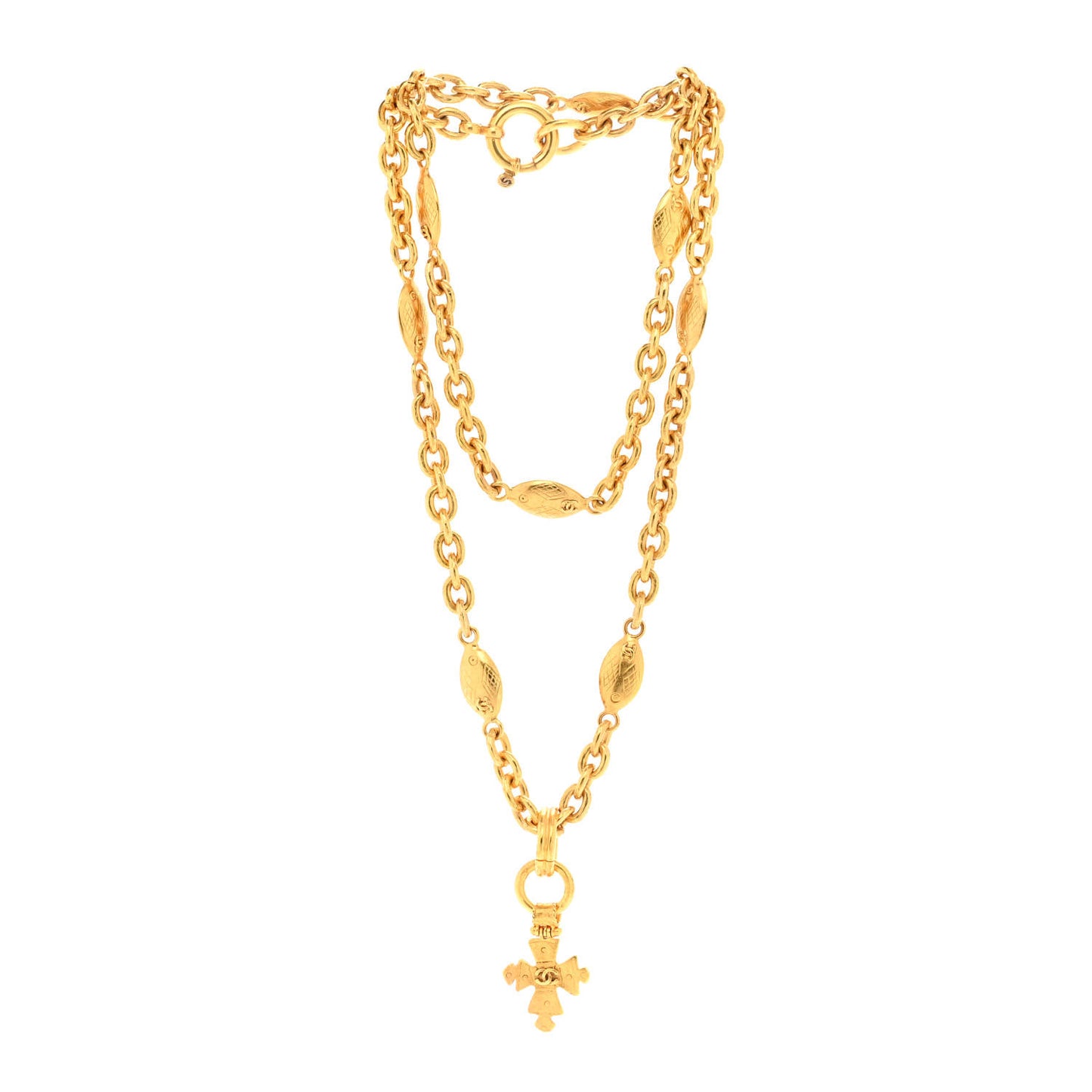 Long CC Cross Pendant Necklace Gold