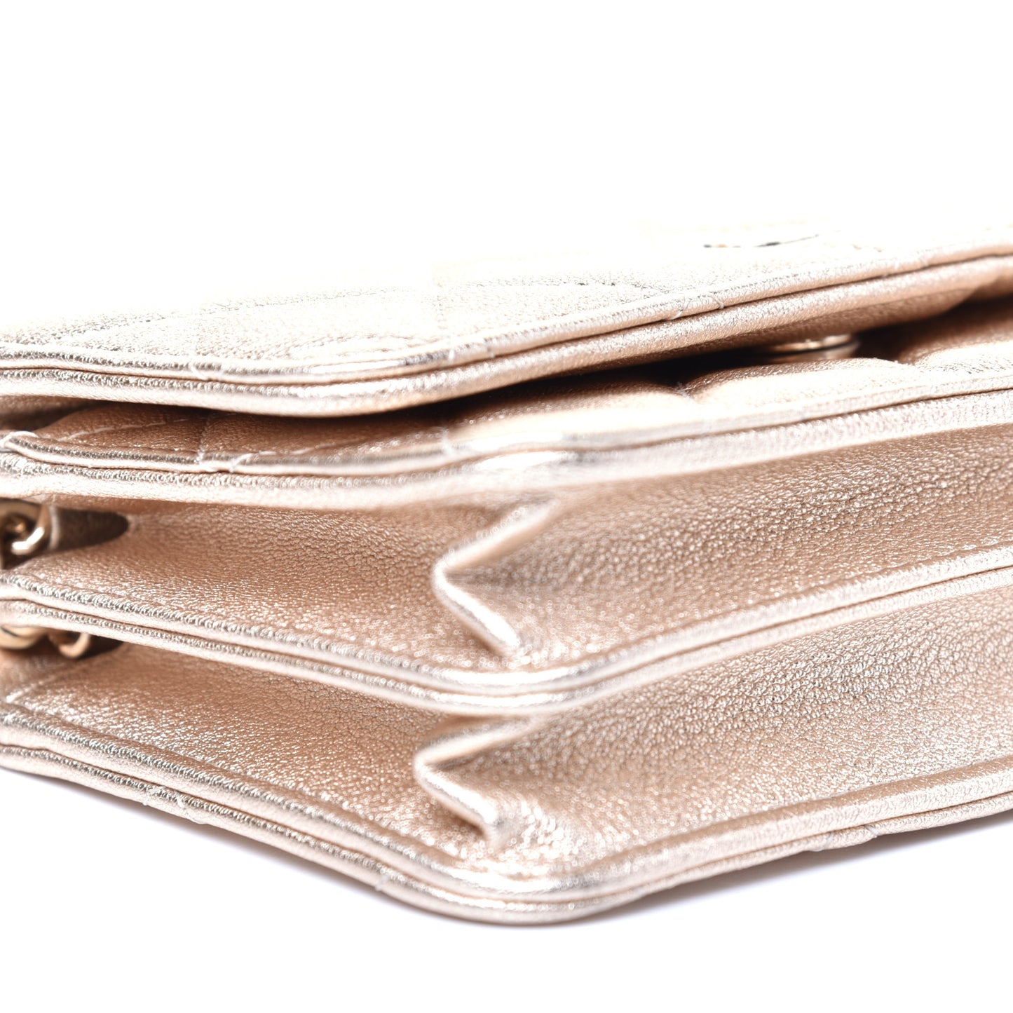 Metallic Lambskin Quilted Mini Wallet On Chain WOC Gold