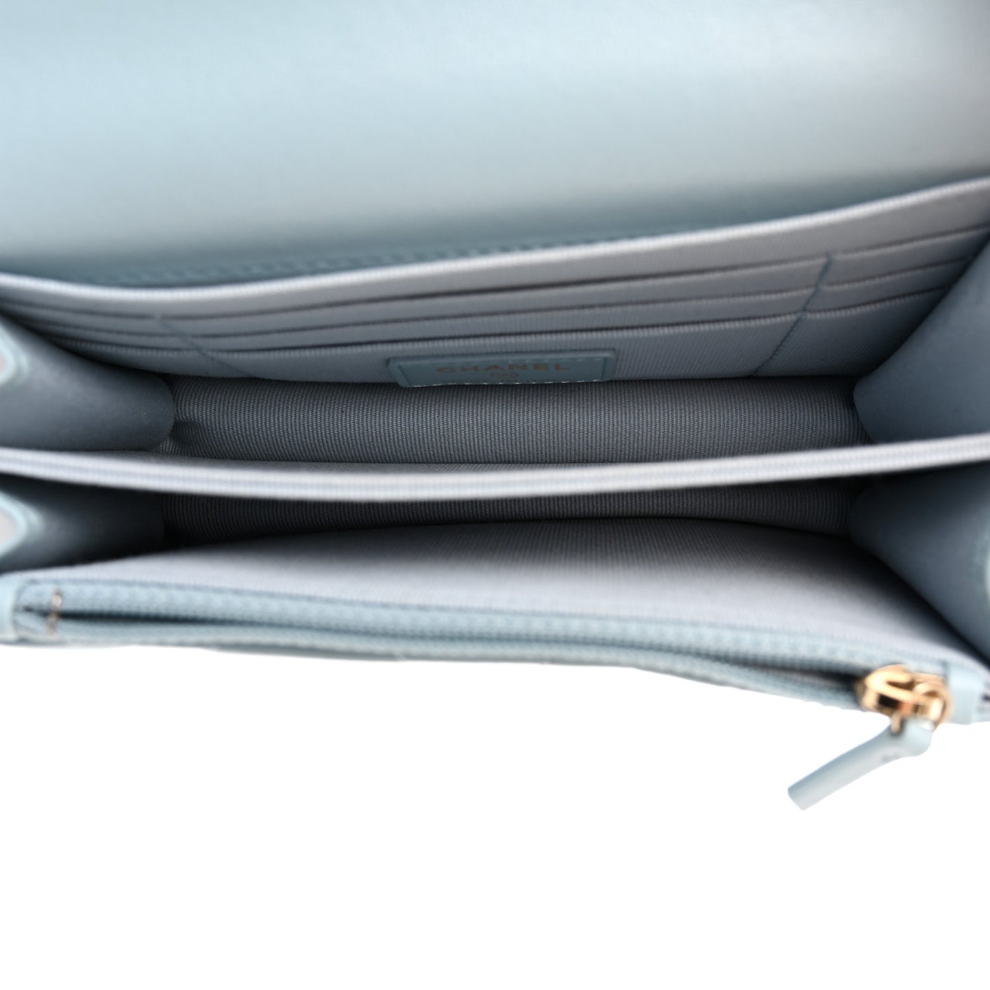 Lambskin Enamel Quilted Pending CC Clutch With Chain Light Blue