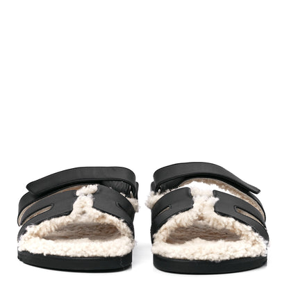 Hermes Calfskin Woolskin Mens Chypre Sandals 41.5 Black Ecru 2 of 8