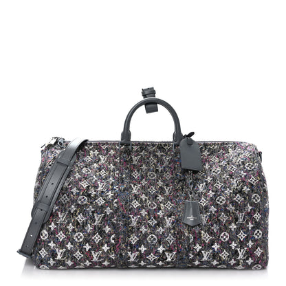 Louis Vuitton Wool Cotton Monogram Jacquard Embroidered LV Felt Keepall Bandouliere 50 Gris 1 of 10