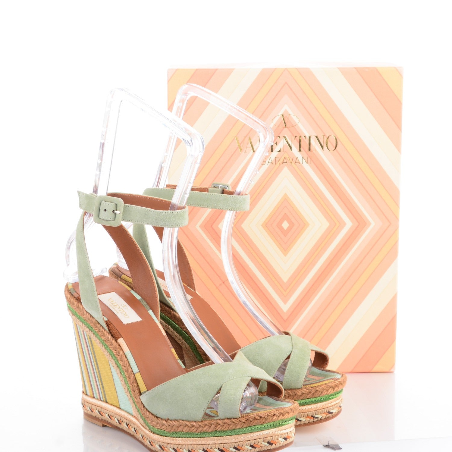 Valentino Garavani Suede Canvas Native Couture 1975 Espadrille Wedge Sandals 40 Green Tea Sorbet Multicolor 8 of 8