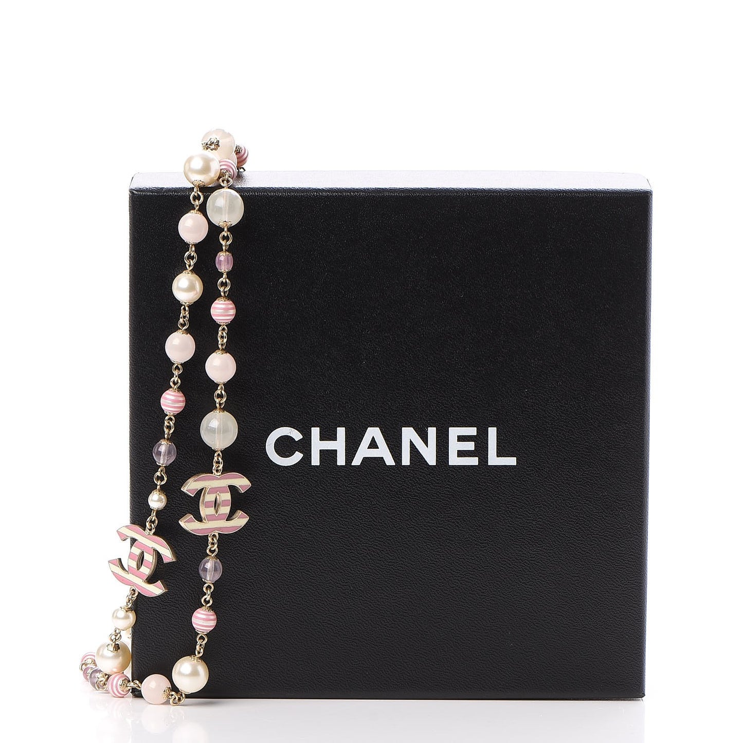 Enamel Striped Pearl CC Long Necklace Pink Gold