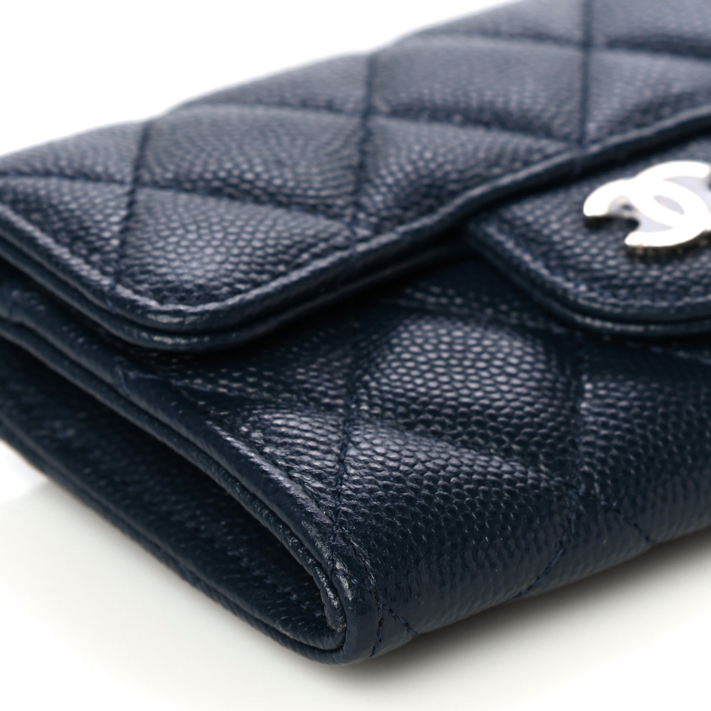 Caviar Quilted Flap Card Holder Wallet Navy Blue