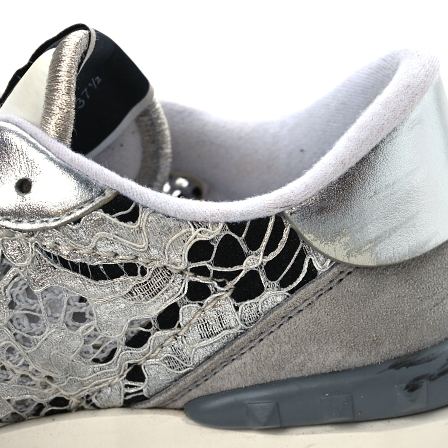 Valentino Garavani Metallic Calfskin Lace Mesh Lacerunner Sneaker 37.5 Silver Pastel Gray 15 of 15