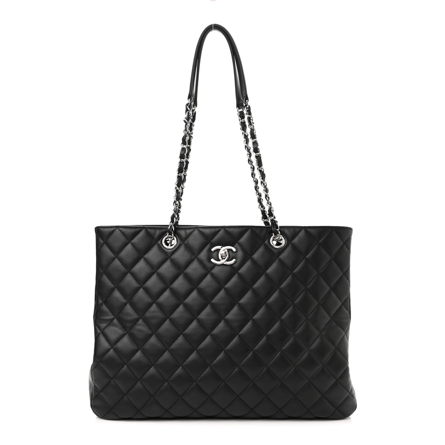 Calfskin Quilted Large Classic Shopping Tote Black