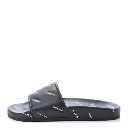 Balenciaga Nappa Allover Logo Embossed Womens Pool Slide Sandals 41 Black White 1 of 10