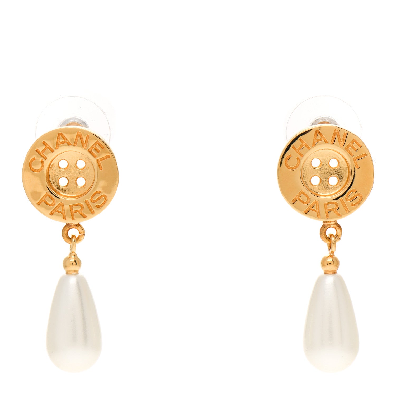 Chanel Metal Pearl Paris Button Drop Earrings Gold 1 of 4