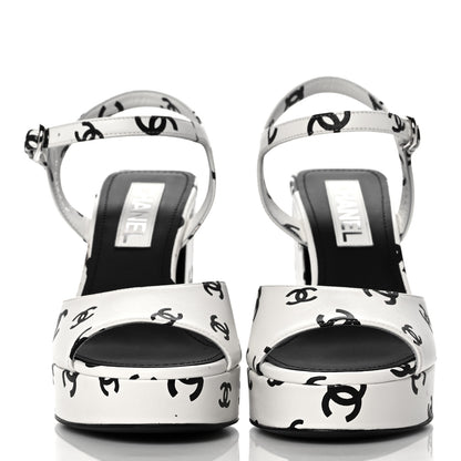 Chanel Printed Lambskin Coco Beach Platform Sandals 38 White Black 2 of 11