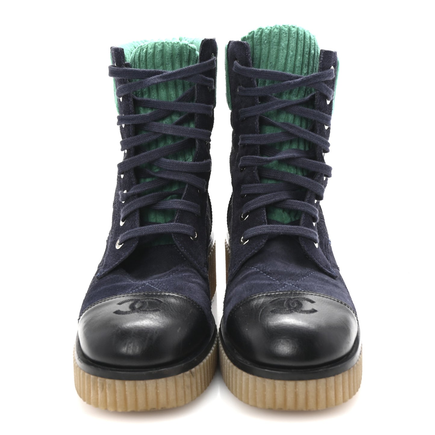 Suede Calfskin Velvet Quilted CC Combat Boots 38.5 Navy Green Black