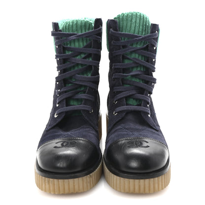 Chanel Suede Calfskin Velvet Quilted CC Combat Boots 38.5 Navy Green Black 3 of 10