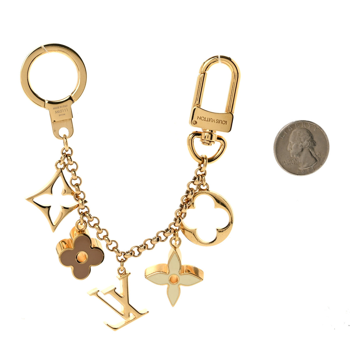 Brass Enamel Fleur De Monogram Bag Charm Chain Gold
