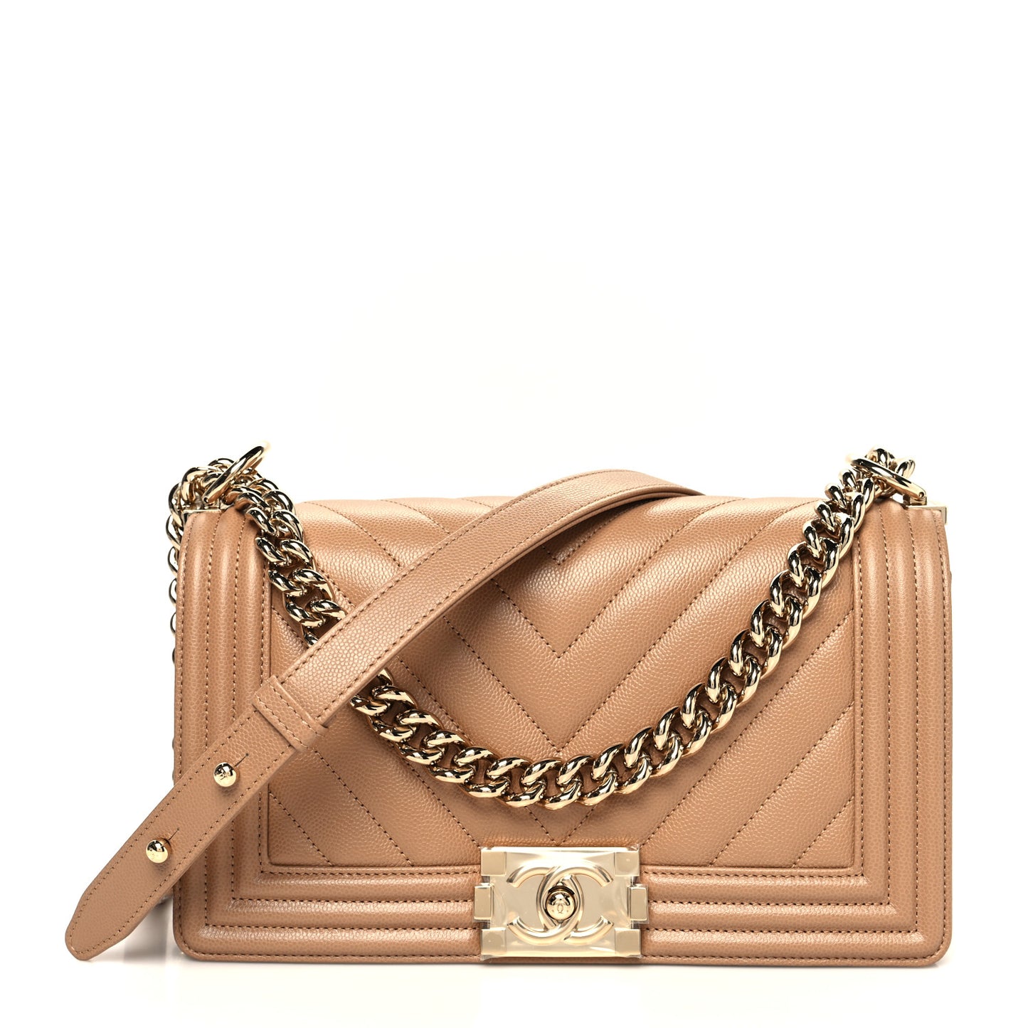 Caviar Chevron Quilted Medium Boy Flap Dark Beige