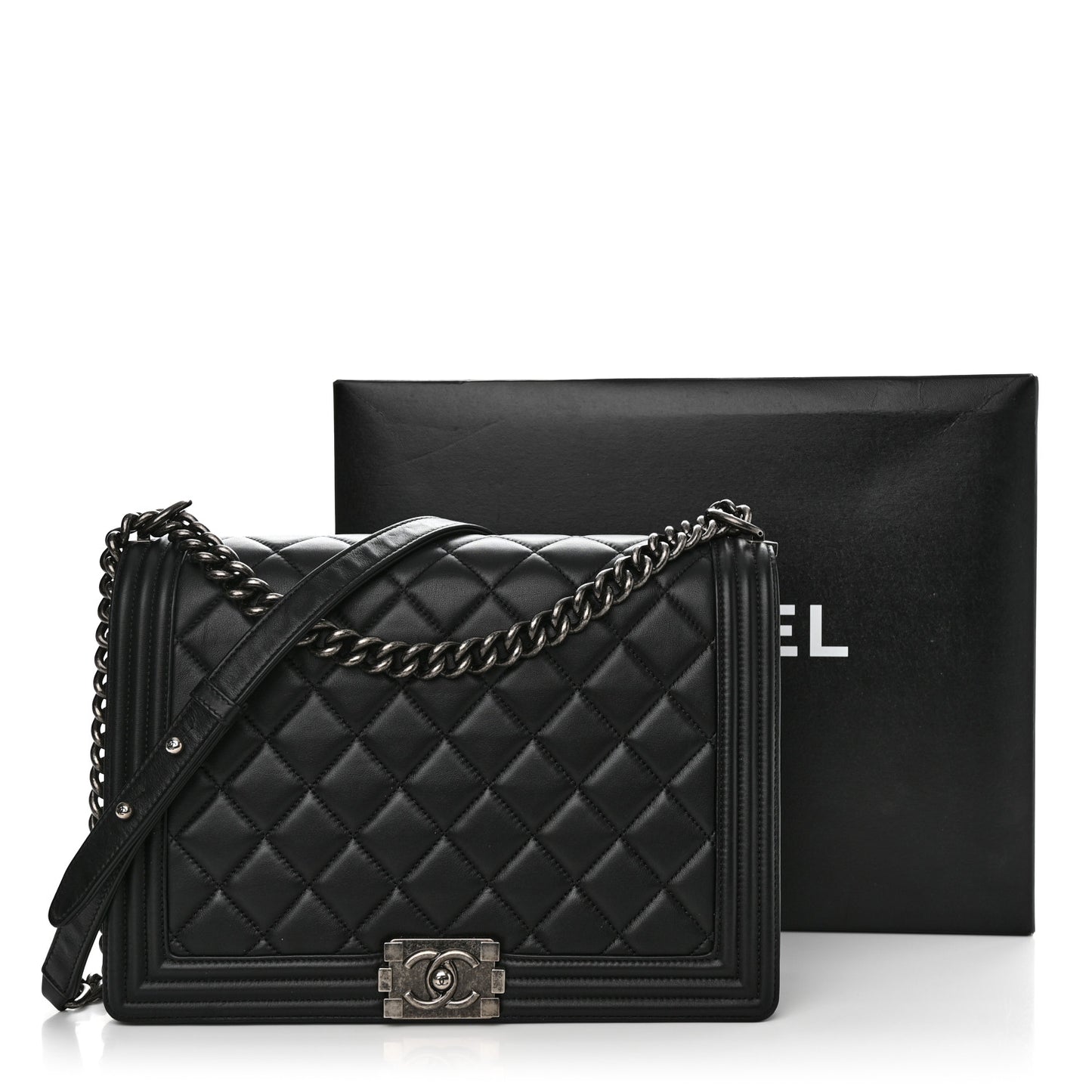 Calfskin Quilted Large Boy Flap Black