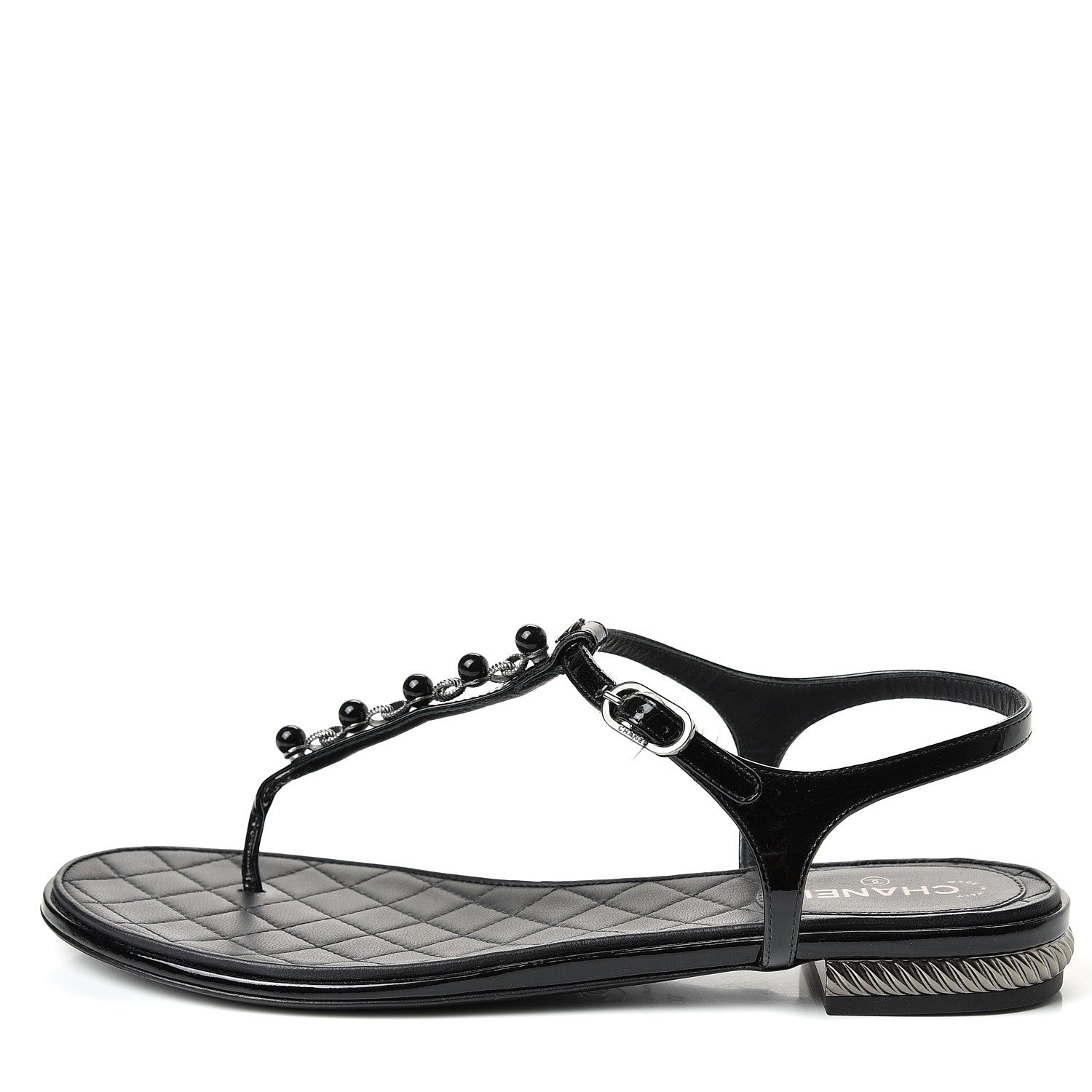 Chanel Patent Beaded CC Thong Sandals 37.5 Black 1 of 10