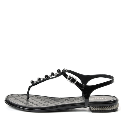 Chanel Patent Beaded CC Thong Sandals 37.5 Black 1 of 10