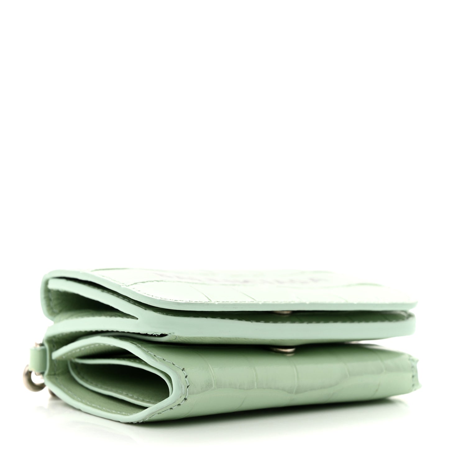Shiny Calfskin Logo Crocodile Embossed Logo Mini Cash Wallet On Chain Light Green Black