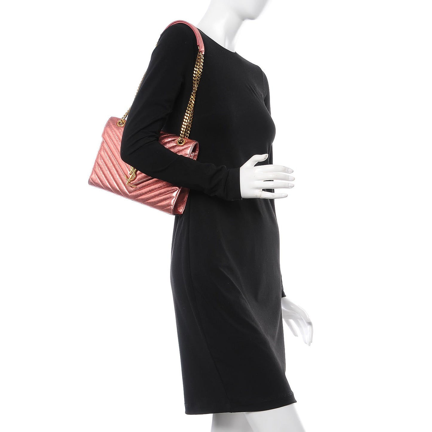 Metallic Matelasse Chevron Small Monogram Chain Shoulder Bag Rose