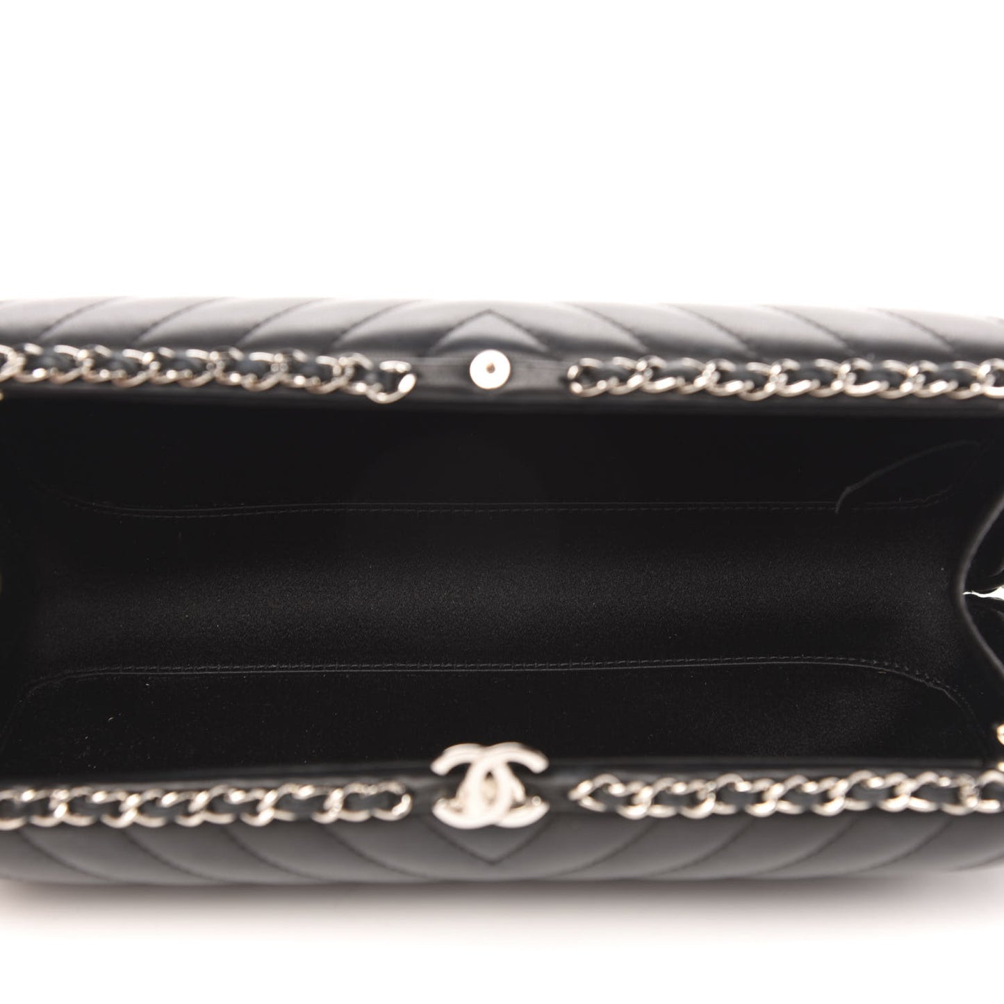 Lambskin Chevron Quilted Chain Around Clutch Black