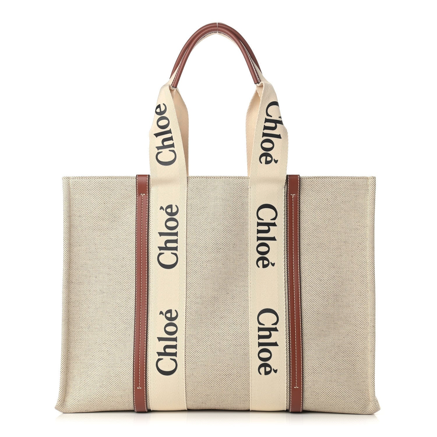 Chloe Cotton Calfskin Large Woody Ribbon Tote White Brown 1 of 9
