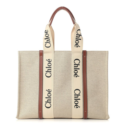 Chloe Cotton Calfskin Large Woody Ribbon Tote White Brown 1 of 9