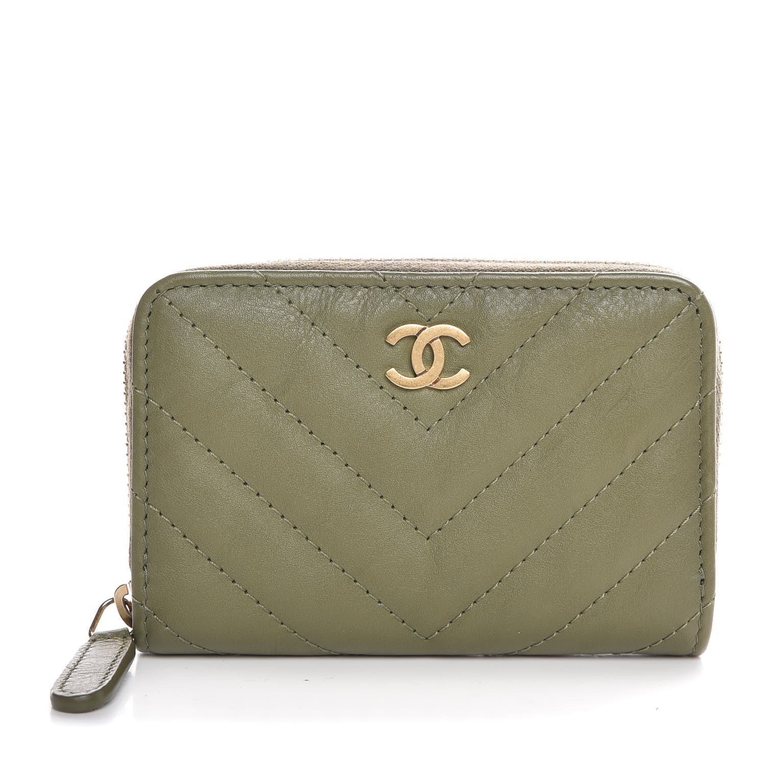 Chanel Calfskin Chevron Quilted Zip Around Coin Purse Green 1 of 8