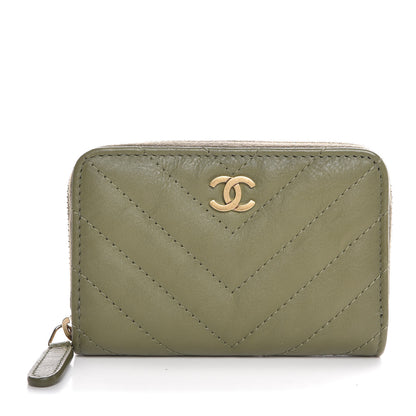 Chanel Calfskin Chevron Quilted Zip Around Coin Purse Green 1 of 8