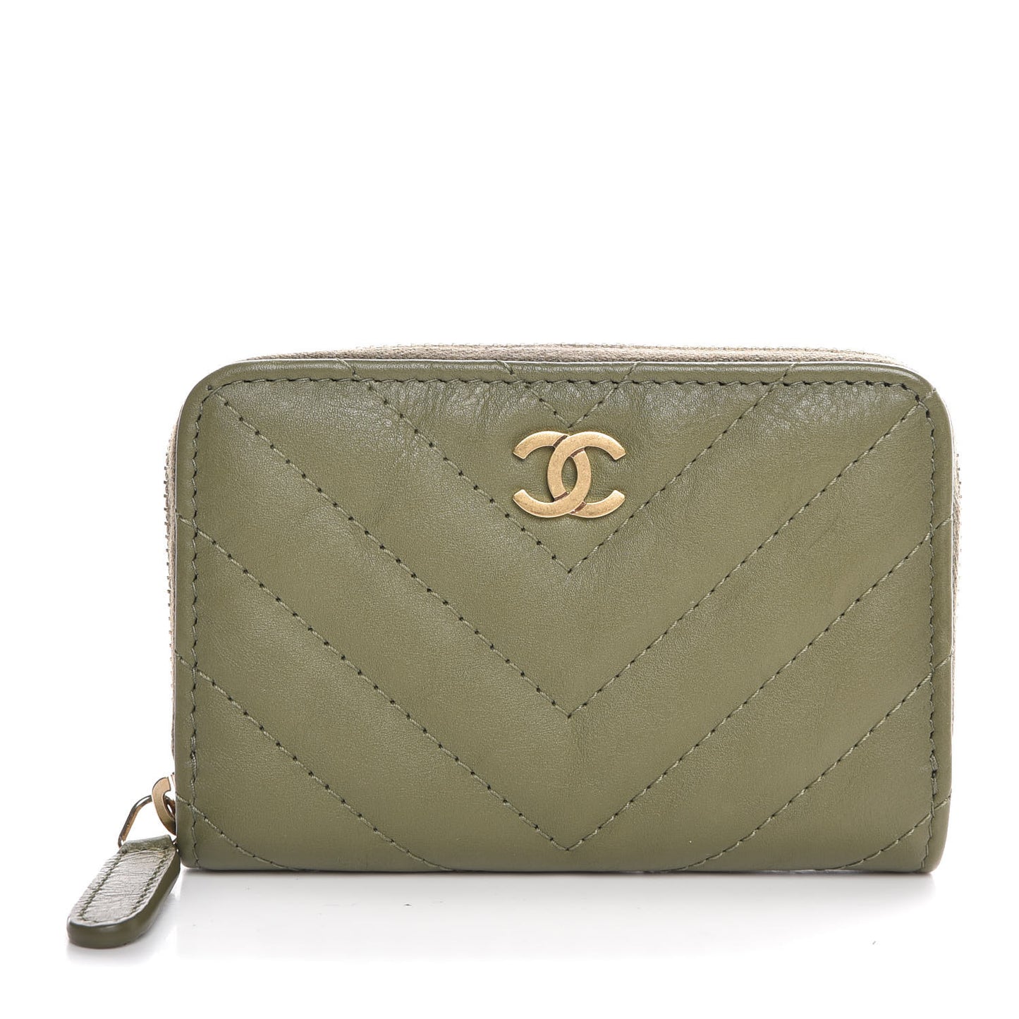 Calfskin Chevron Quilted Zip Around Coin Purse Green