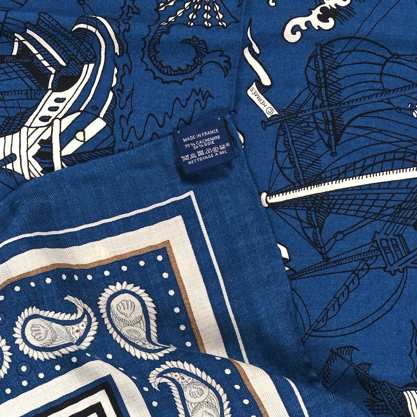 Silk Cashmere Tatouages Marins Shawl 140 Marine White