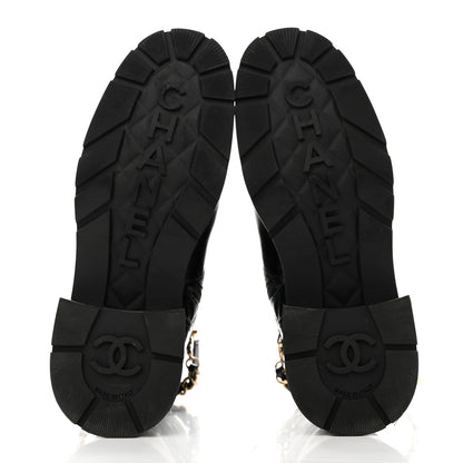 Chanel Shiny Calfskin Patent Quilted Chain Lace Up Combat Boots 40.5 Black 5 of 8