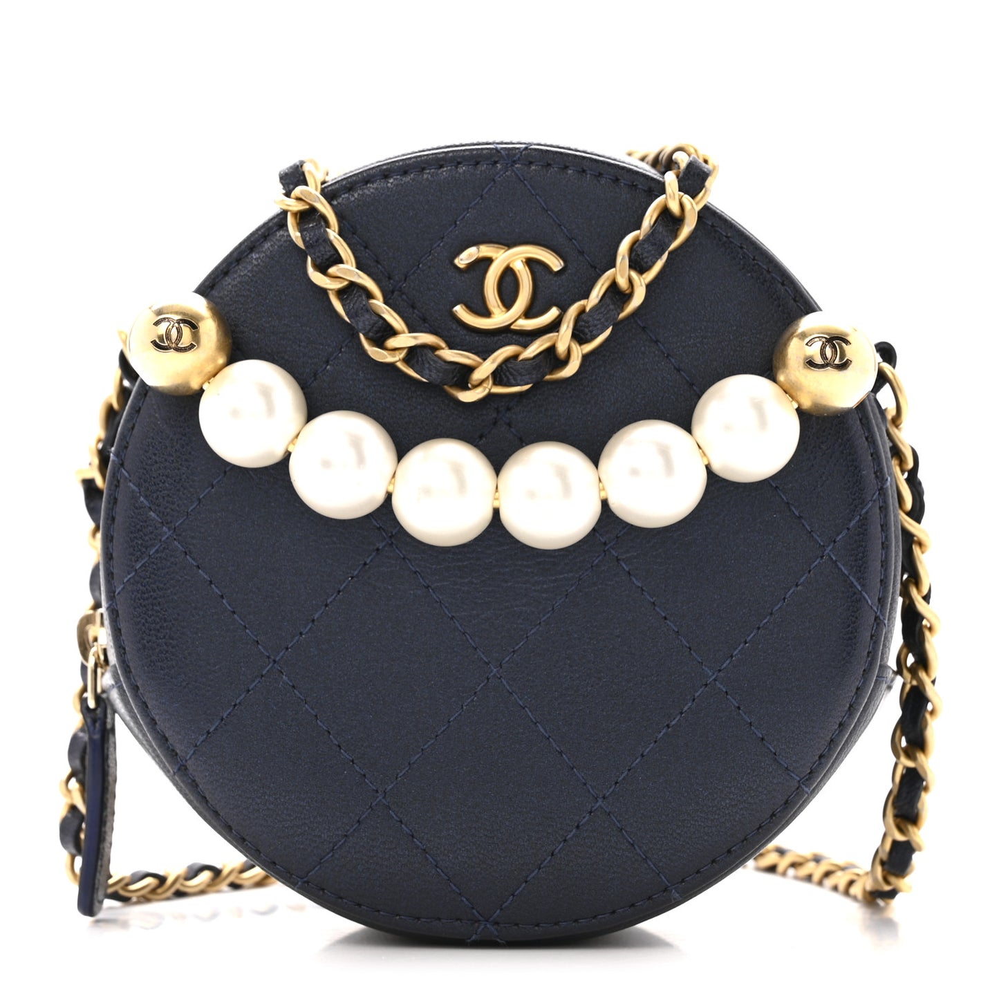 Goatskin Quilted Chic Pearls Chain Round Clutch With Chain  Navy