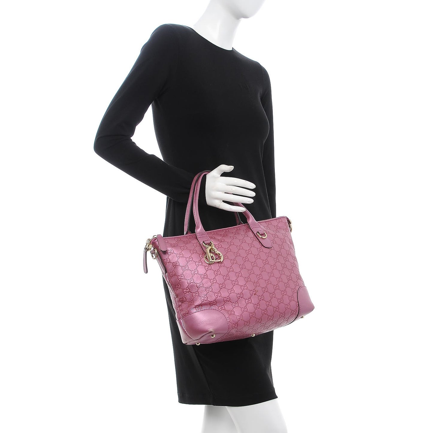 Metallic Soft Guccissima Heart Bit Charm Top Handle Tote Fresia Rose