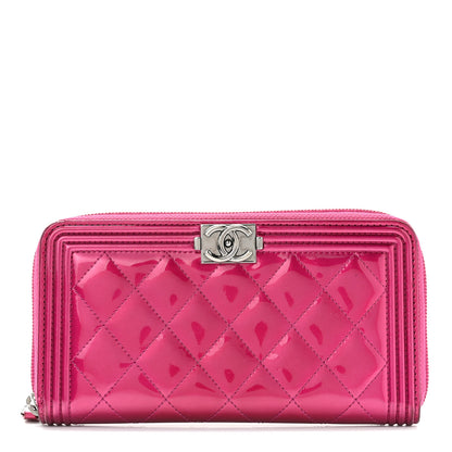 Chanel Metallic Patent Calfskin Quilted Boy L-Gusset Zip Wallet Pink 1 of 9