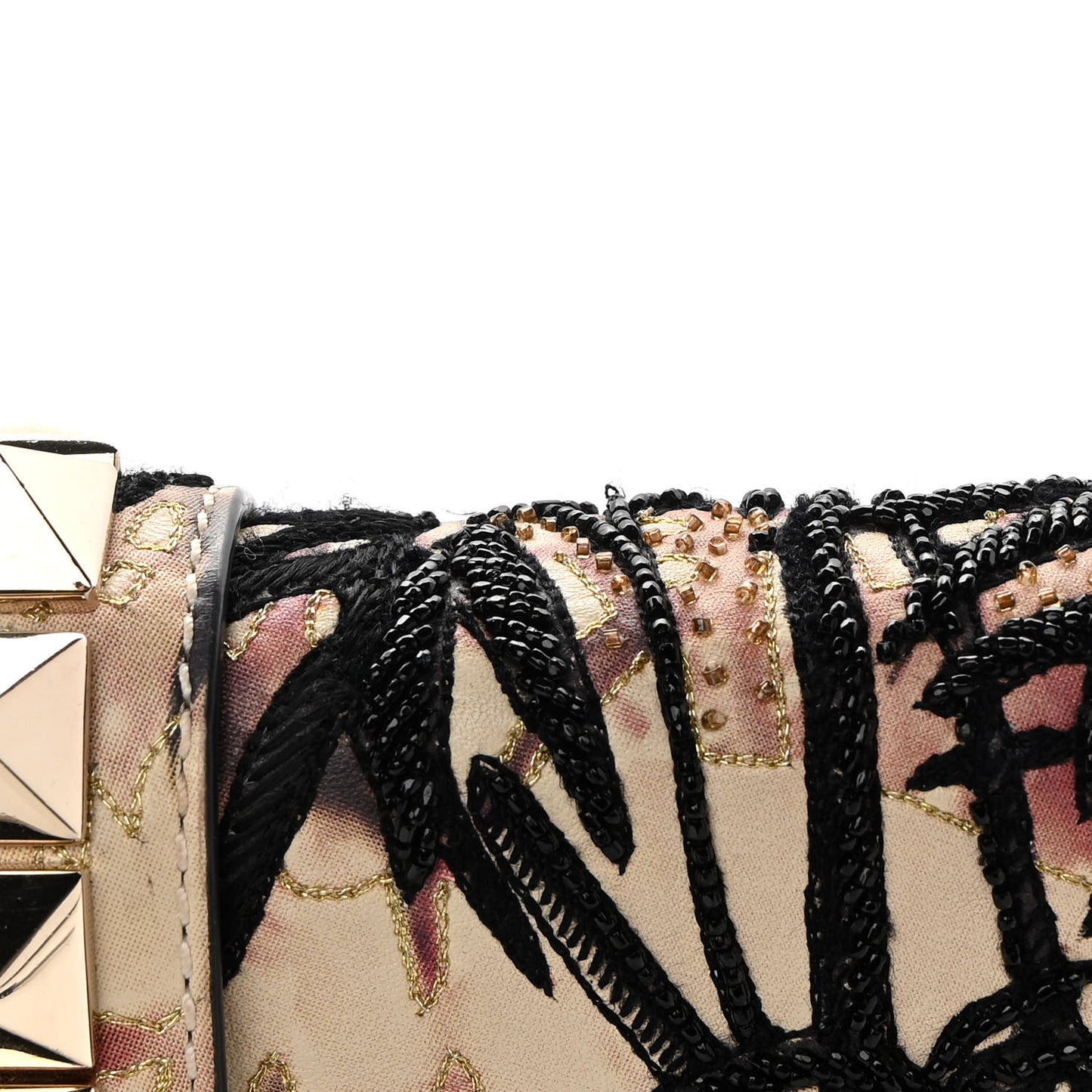 Vitello Embroidered Beaded Medium Glam Lock Rockstud Flap Beige