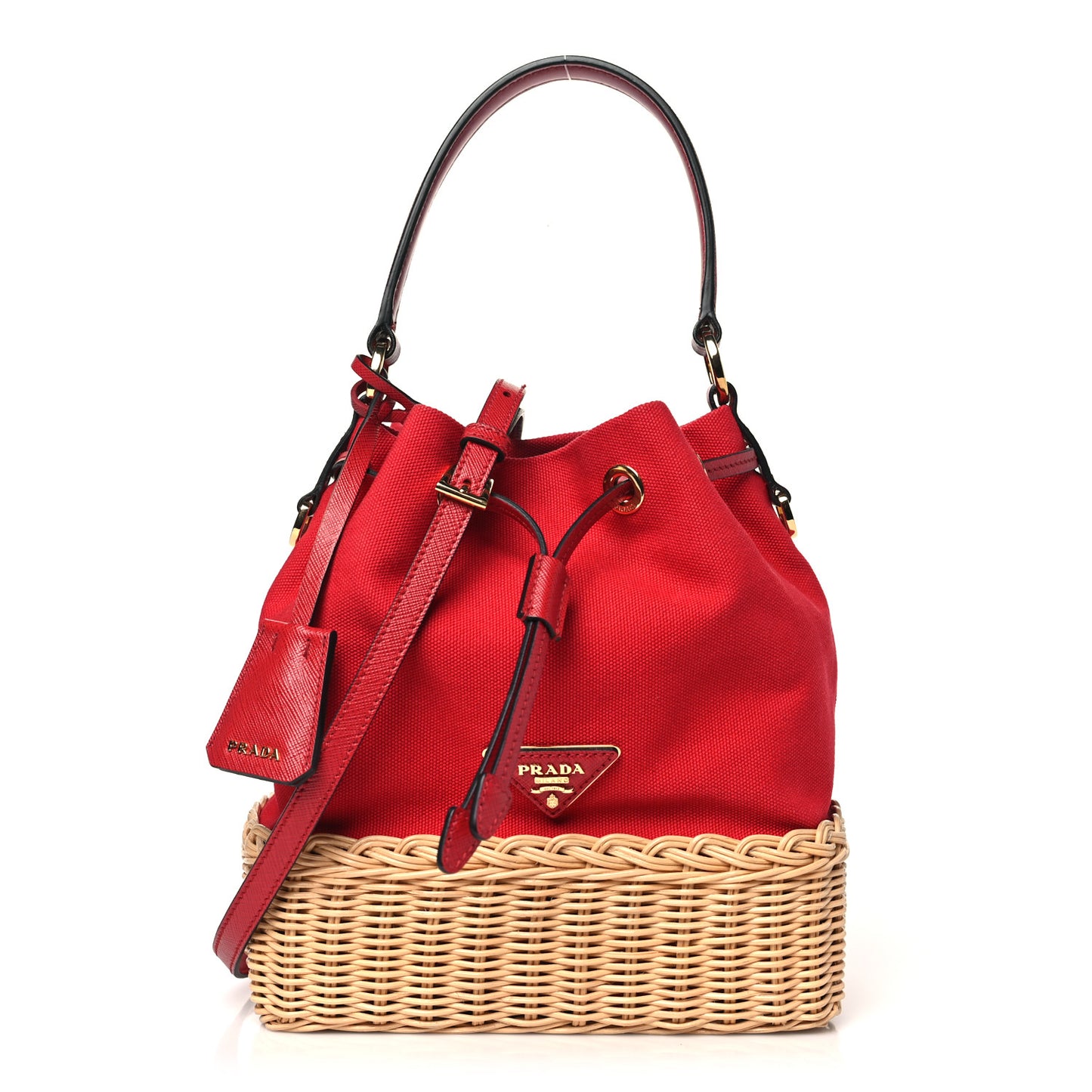 Wicker Canvas Saffiano Bucket Bag Naturale Rosso